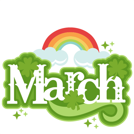 March surrounded with green clovers and a rainbow.