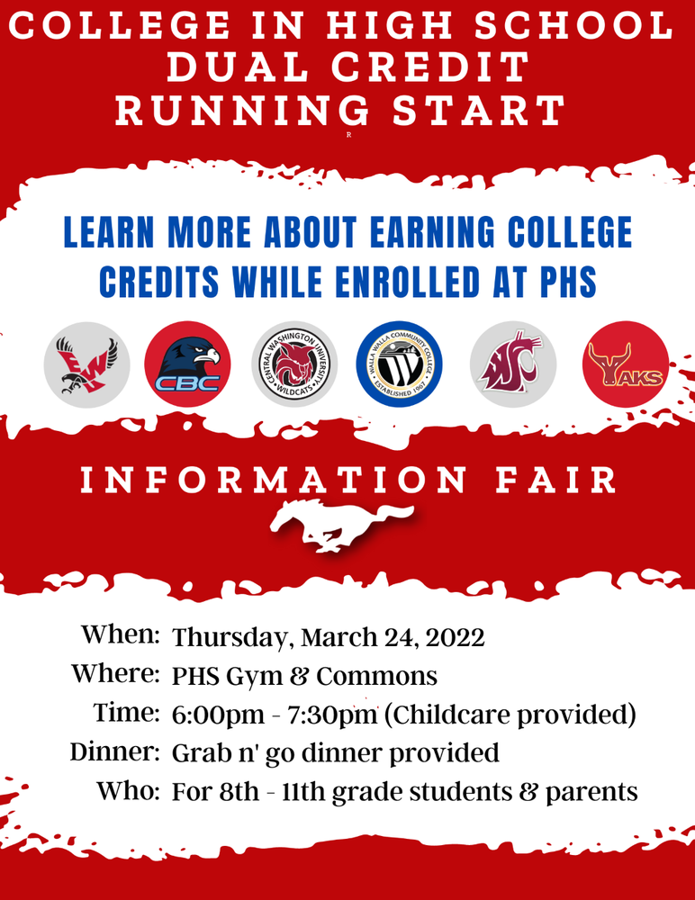 This Thursday 2/24 at PHS from 6-7:30 pm- come find out more information about the 30 courses we offer at PHS for our Mustangs to gain college credit on campus.  Dinner and childcare provided.