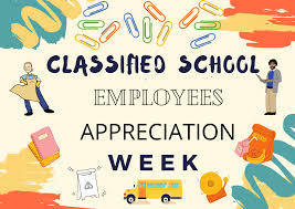 Classified Appreciation Week poster surrounded with colored paper clips, a yellow school bus, an orange backpack, school notebooks and a yellow school bell.