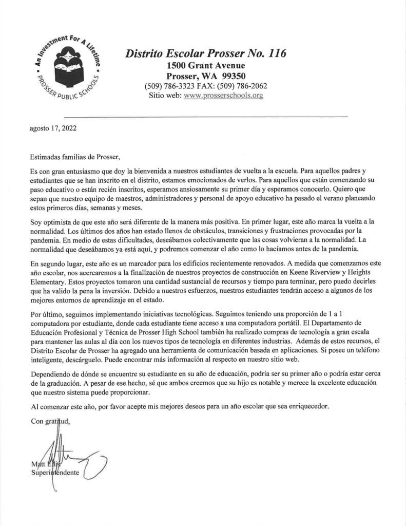 Welcome Back Letter from Superintendent - Spanish 